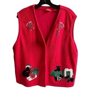 MERRY & BRIGHT Ladies Embroidered Vintage Scottie Dog Holiday Fleece Vest L Red